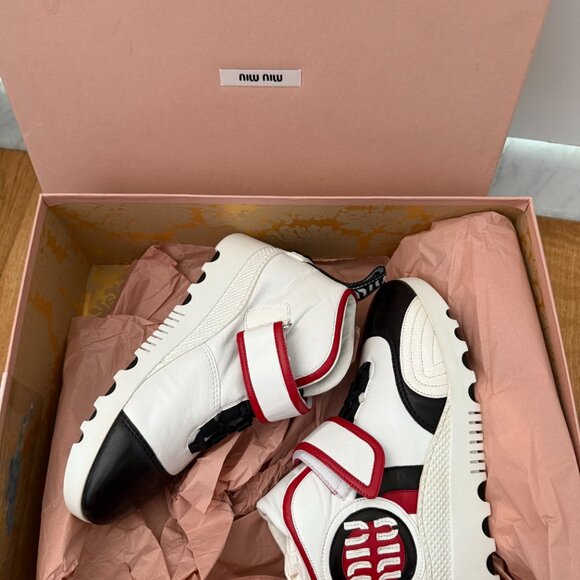 NWT Miu Miu High Top Sneakers White Multi Nappa Leather Lace Up Velcro - Picture 4 of 11